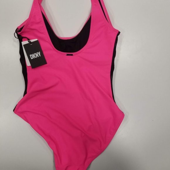 DKNY Neon Pink Ruched Mesh-Contrast One-Piece Swimsuit Size 8 - Picture 7 of 12